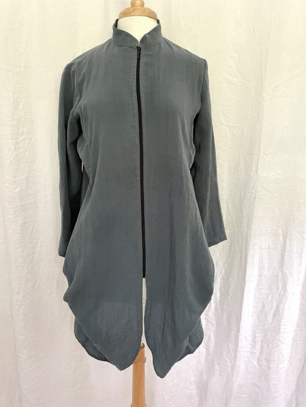 Fridaze 100% Linen Mandarin Collar Zipper Tunic Dress Blue Lagenlook size Medium